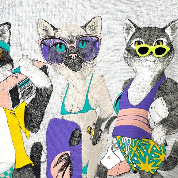 Vintage '90s Cute Cat Kitten Sweatshirt size large cats beach pool sunglasses *r - Picture 3 of 15